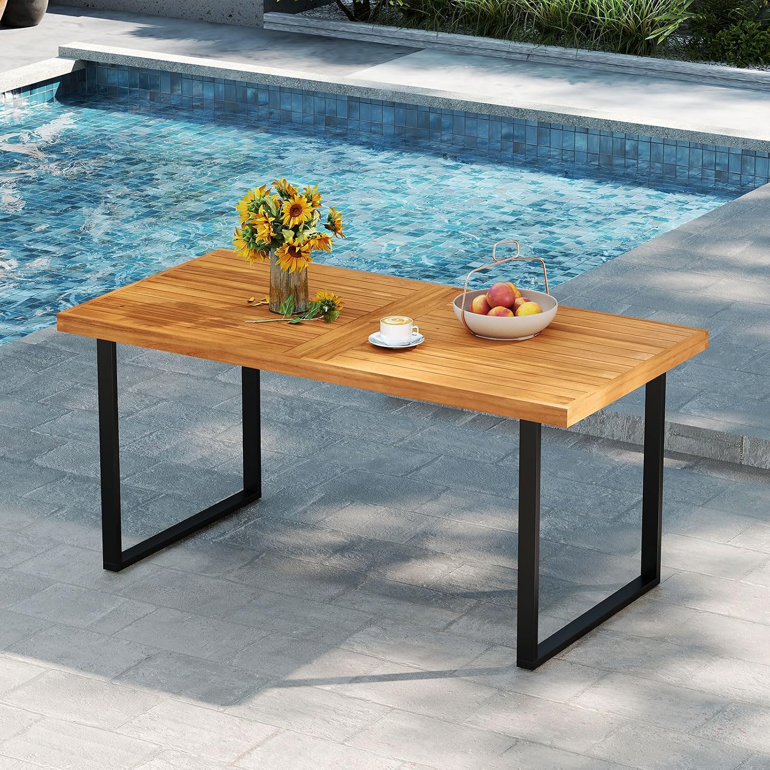 HAPPYGRILL Acacia Wood Patio Dining Table with Umbrella Hole (1.97'), Outdoor Wooden Table for 4-6 People, for Backyard Deck Porch