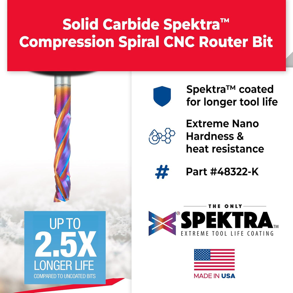 Amana Tool CNC SC Spektra Extreme Tool Life Coated Compression Spiral, 48322-K, 6mm D x 28mm CH x 6mm SHK x 75mm Long 3 Flute Router Bit