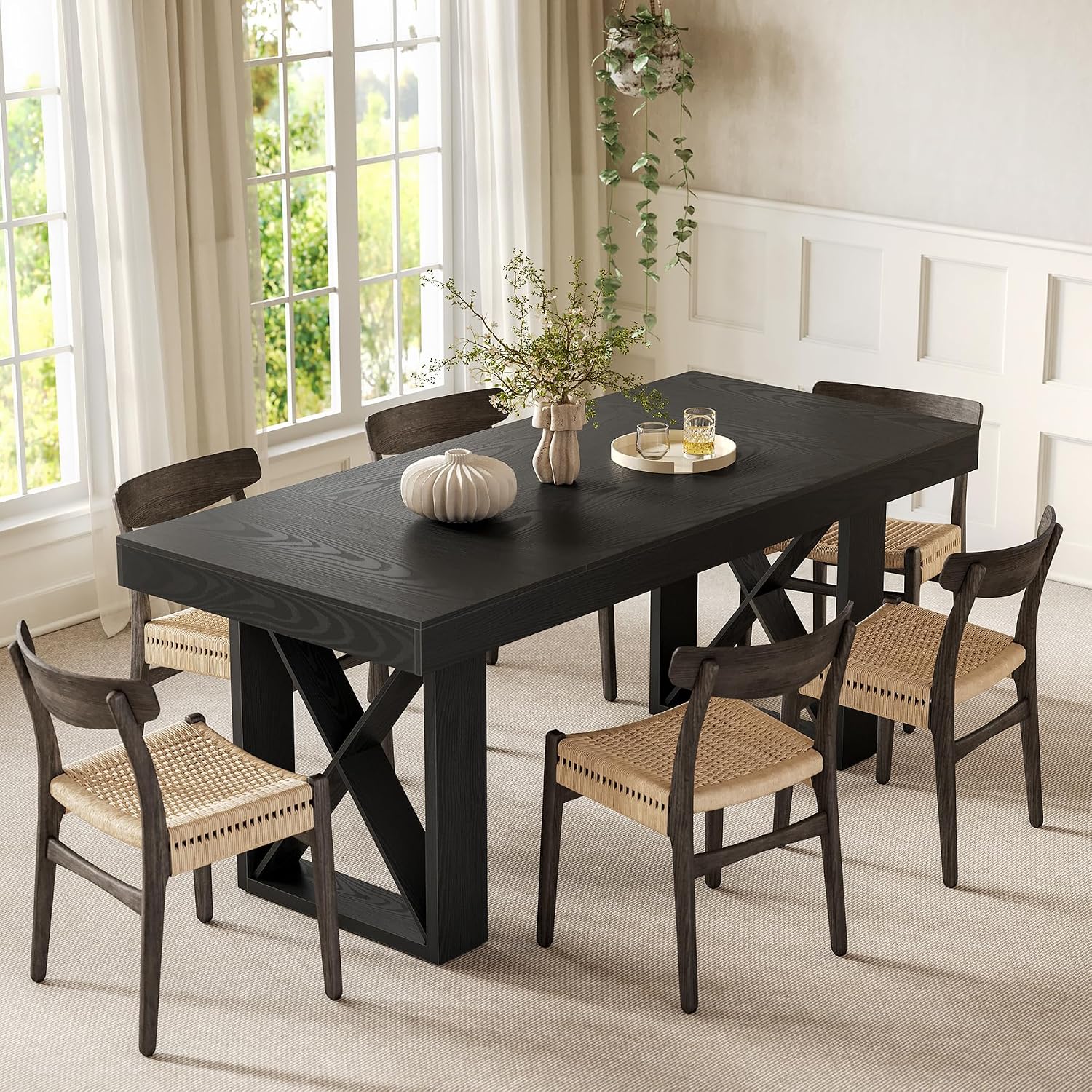 LITTLE TREE Dining Table for 4 People, 63-Inch Farmhouse Rectangle Kitchen Dinner Table for Dining Room, Kitchen, Living Room, Black