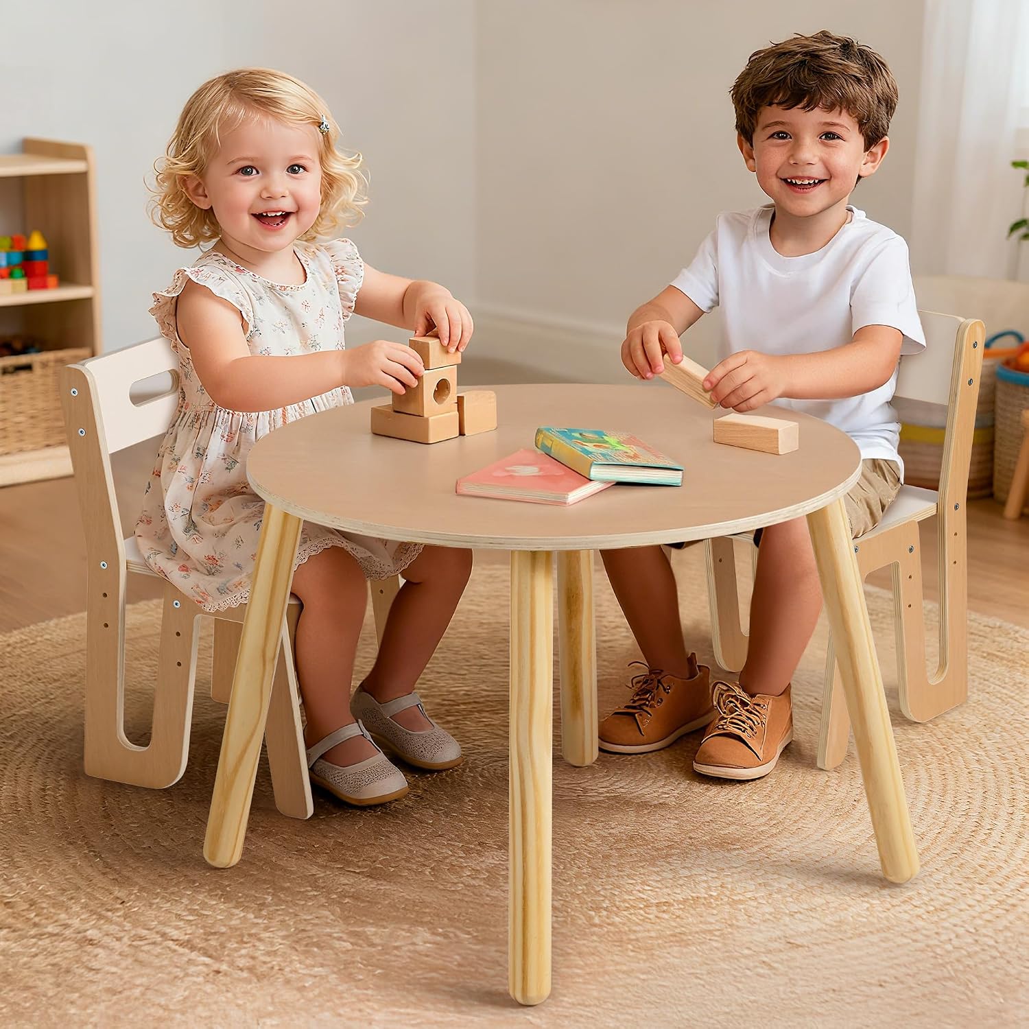 ROBOTIME Wooden Kids Table and Chairs, Adjustable Height Toddler Table and Chair Set, Round Kids Desk and Chair Set for Ages 3+, Sturdy Design, Easy to Clean, Perfect for Study, Playroom & Mealtime