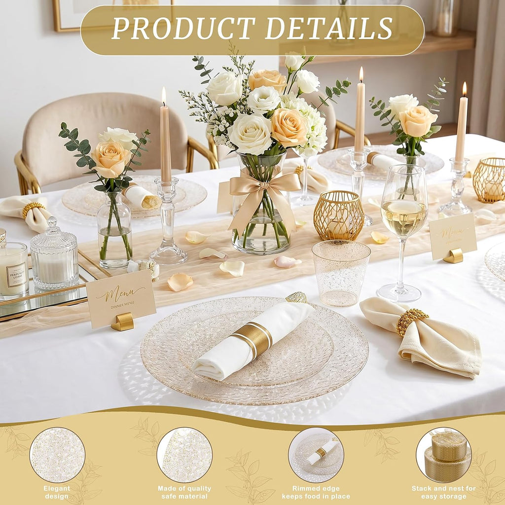Rubtlamp 700Pcs Gold Glitter Plastic Dinnerware Set, Hammered Clear Plates, Fancy Plastic Plates Include 100 Dinner Platos, 100 Salad Platos, 100 Cups,100 Pack Pre Rolled Glitter plastic Silverware