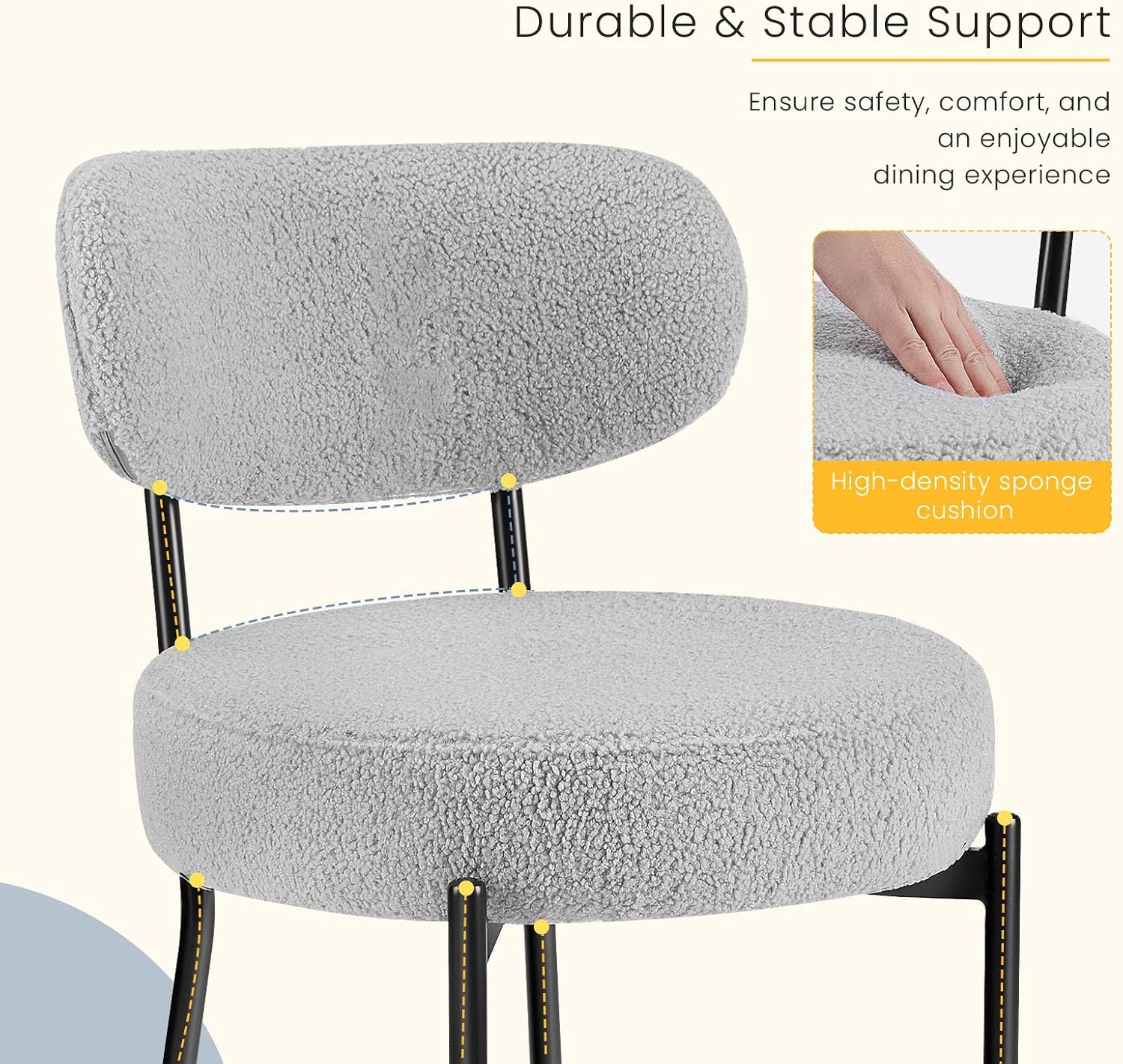 DUMOS Dining Chairs Set of 6, Mid Century Modern Chair Round Upholstered Curved Backrest, Kitchen Vanity Living Room Chairs with Black Metal Legs，Light Grey