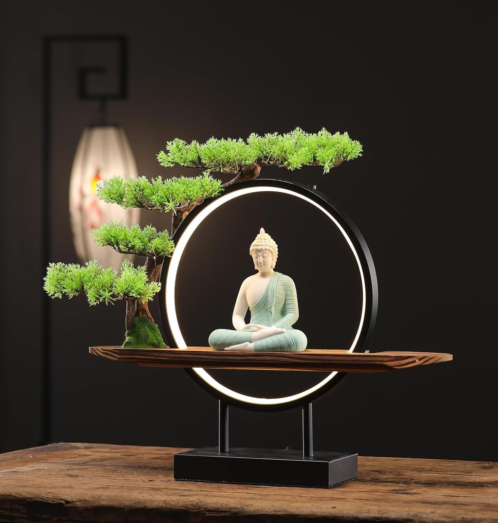 Houlu Green Buddha Statue with Green Artificial Tree and LED Circle Table Lamp, Indoor Ceramic Buddha Statues for Home Decor, 16.5 in