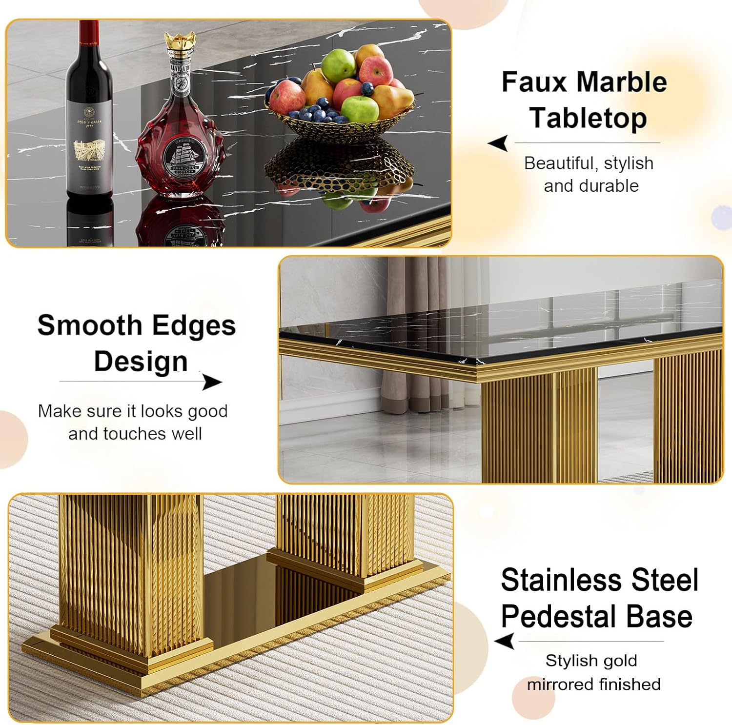 68' Black Marble Dining Table for 6 to 8, Luxury Large Rectangular Faux Marble Tabletop & Gold Double Pedestal Base, Mid Century Modern Kitchen Dining Room Table for Dinner Family Gathering