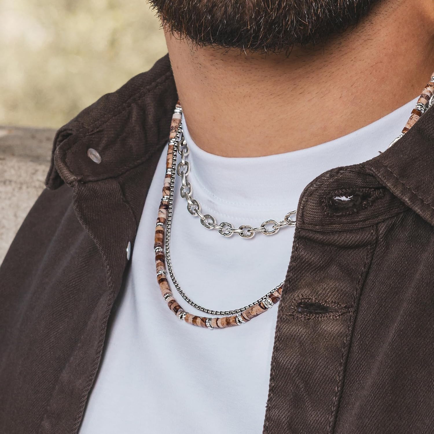 JEAN RACHEL JEWELRY Men's 3-Piece Necklace Layering Set - Hammered Link Chain, Sleek Box Chain & Natural Jasper Stone Beads - Earth Tone Bundle