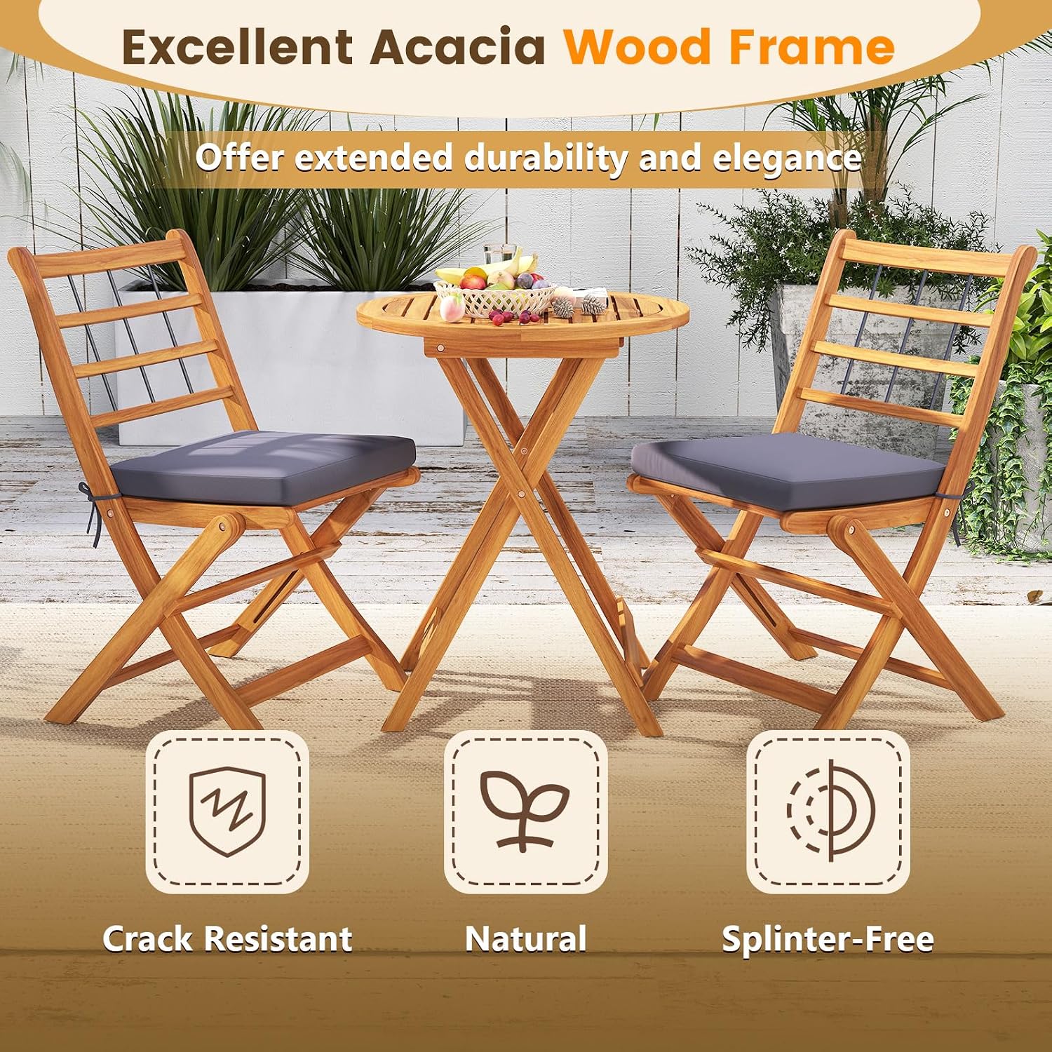 Tangkula 3 Piece Patio Wood Bistro Set, Folding Table Chair Set w/Soft Seat Cushions, Acacia Wood Frame, High-Back Portable Chairs w/Table for Backyard, Poolside (Grey)