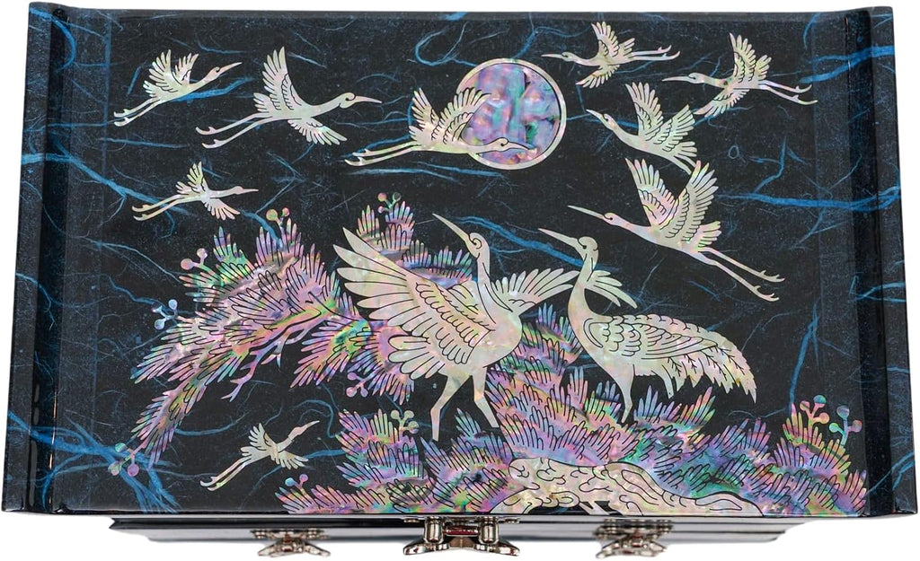 February Mountain Mother of Pearl Wooden Jewelry Organizer Box – Jewelry Storage Box for Women, Features Spacious Drawers, Ideal for Rings, Bracelets, Watches, Chains, Accessories (Crane_Blue)