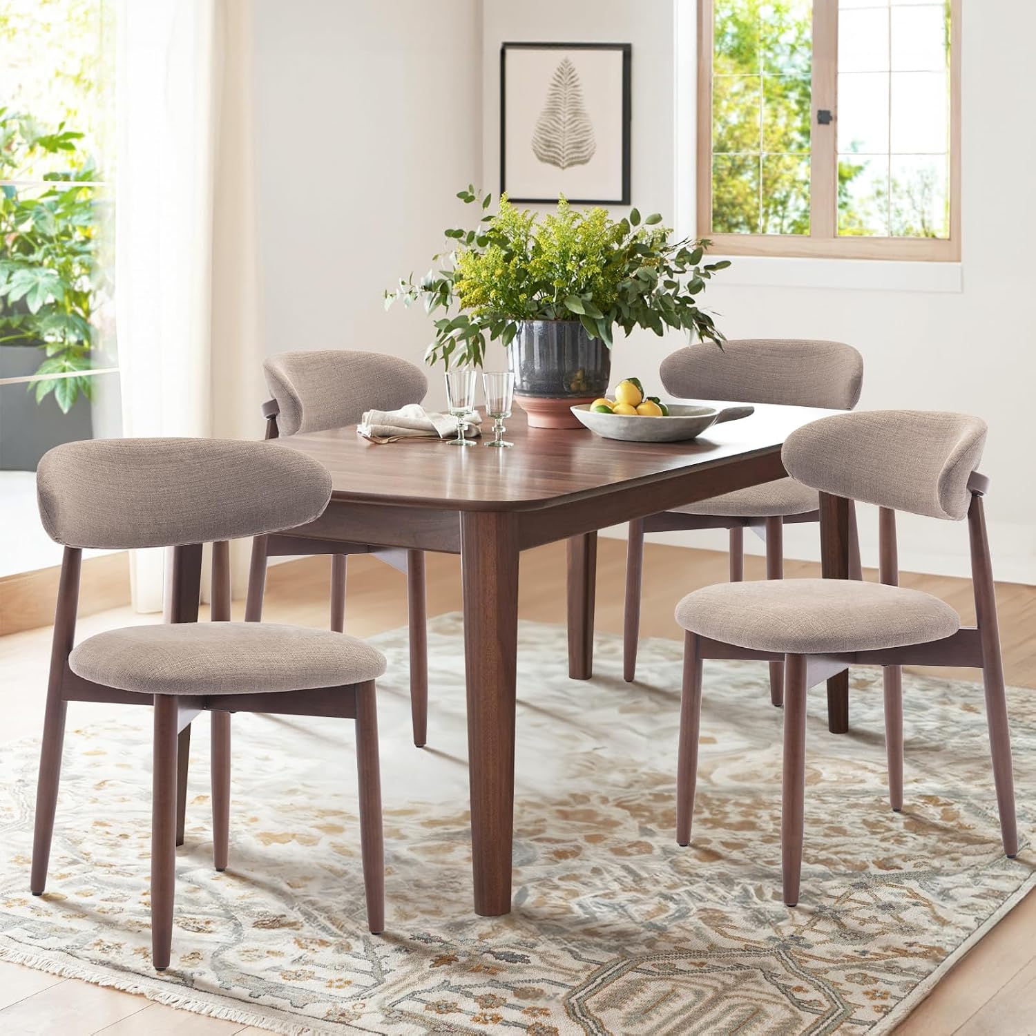 COLAMY Wooden Dining Chairs Set of 6, Modern Fabric Upholstered Kitchen Side Chairs, Farmhouse Dining Room Chair with Foot Pegs, Camel