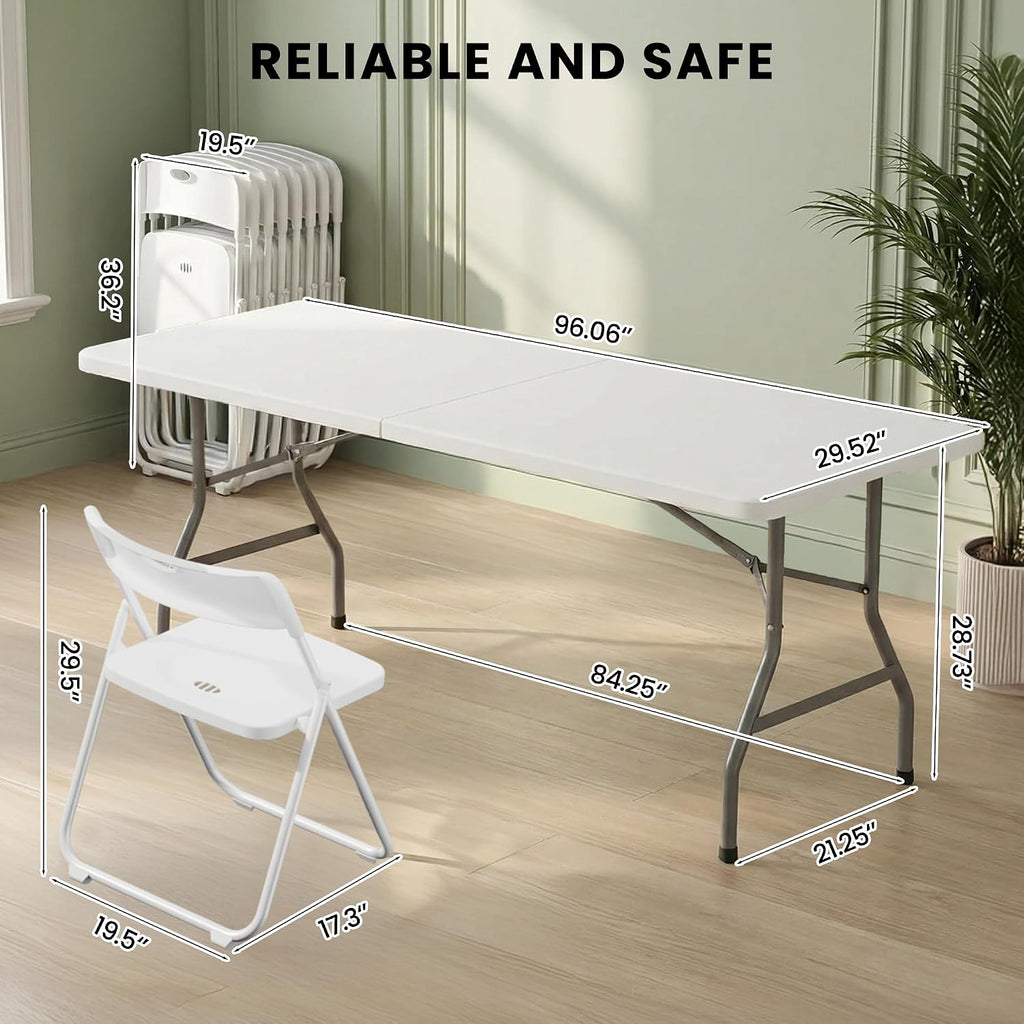8FT Foldable Table Set with 10 Pack Plastic Folding Chairs, Heavy Duty 350 lbs Folding Table & Folding Chairs, Portable Foldable Furniture Bundle for Parties, Wedding, Events, Indoor & Outdoor