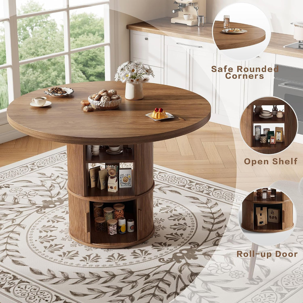 43' Round Dining Table with Storage Shelf, Farmhouse Modern Kitchen Table for 4-6, Circular Wood Dining Room Table for Small Spaces, Space Saving Pedestal Table for Apartment & Breakfast Nook, Walnut