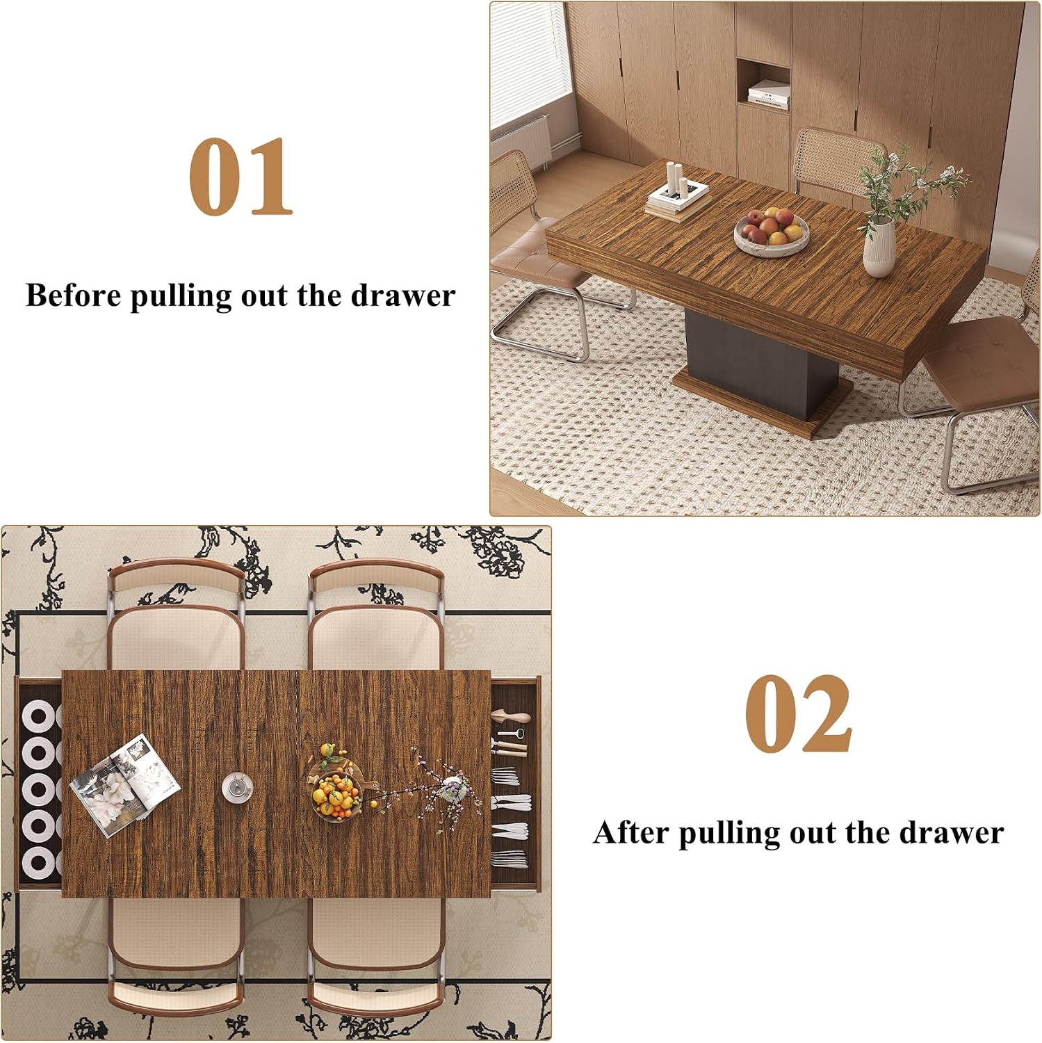 Dining Table with Drawers for 4-6 People, 55 Inches Dinner Table with Led Lights Wooden Pedestal Base, Rectangular Kitchen Table for Kitchen, Living Room, Black& Rustic Brown