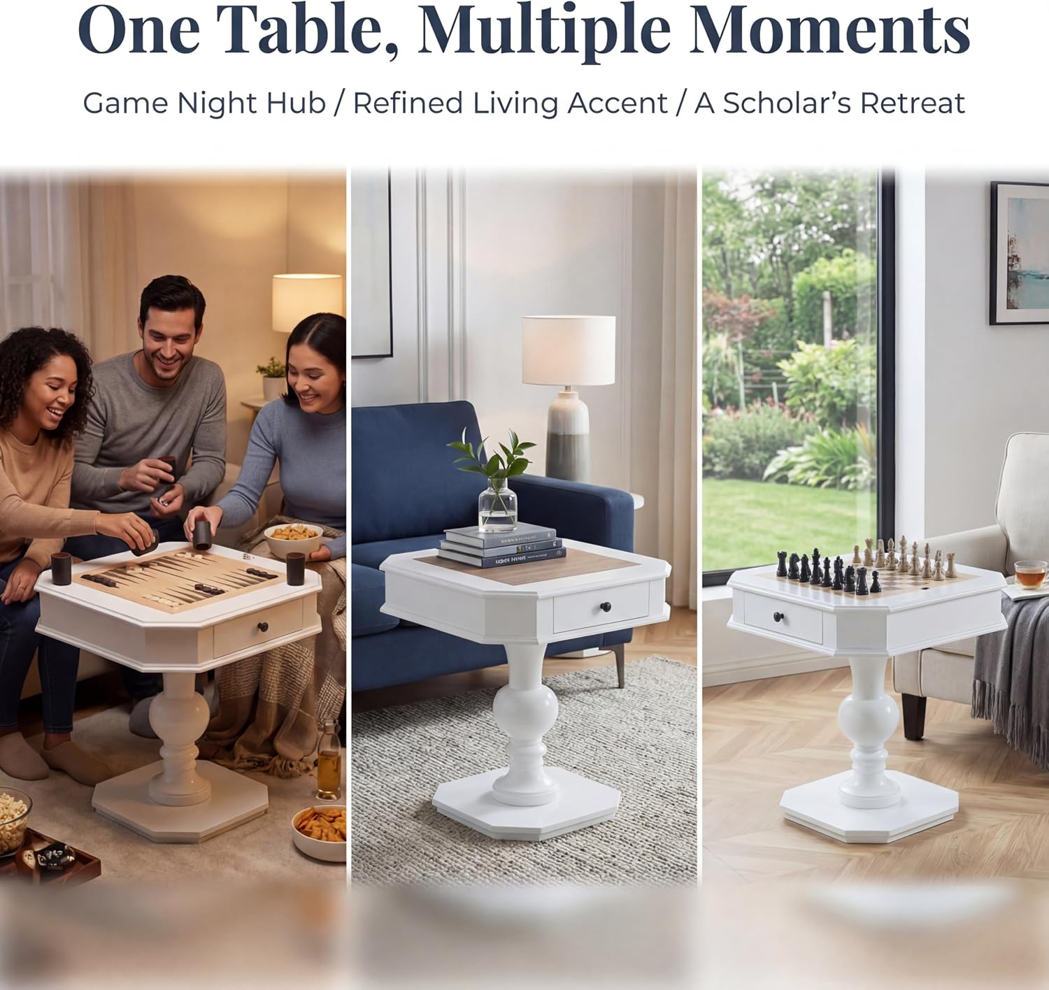 Chess Table, Reversible Chess Checker Game Table with 2 Drawers for Family Entertainment Room, 3-in-1 Square Game Tray for Chess Checker Backgammon, White