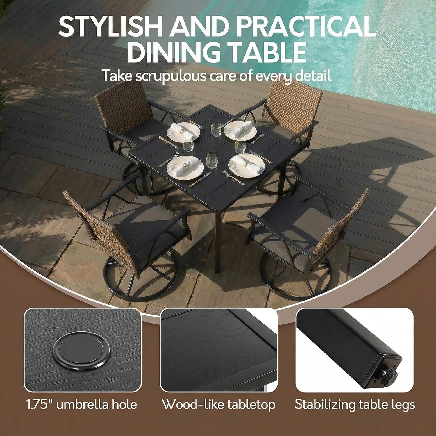 5-Piece Patio Dining Set for 4，Outdoor Dining Set with Wicker Swivel Patio Dining Chairs with Cushions & 1 Black Square Woodgrain Dining Table with 1.75'Market Umbrella Hole, Black & Brown