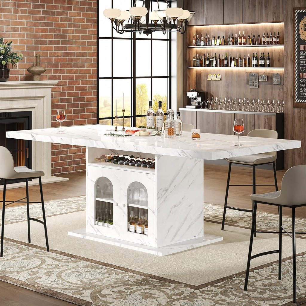 HSH Dining Table for 4–6, 63' Modern Kitchen Dining Room Table with Storage Shelves & Acrylic Door Cabinet,Wood Rectangle Dinner Table with Faux Marble Top for Home Apartment, White Faux Marble