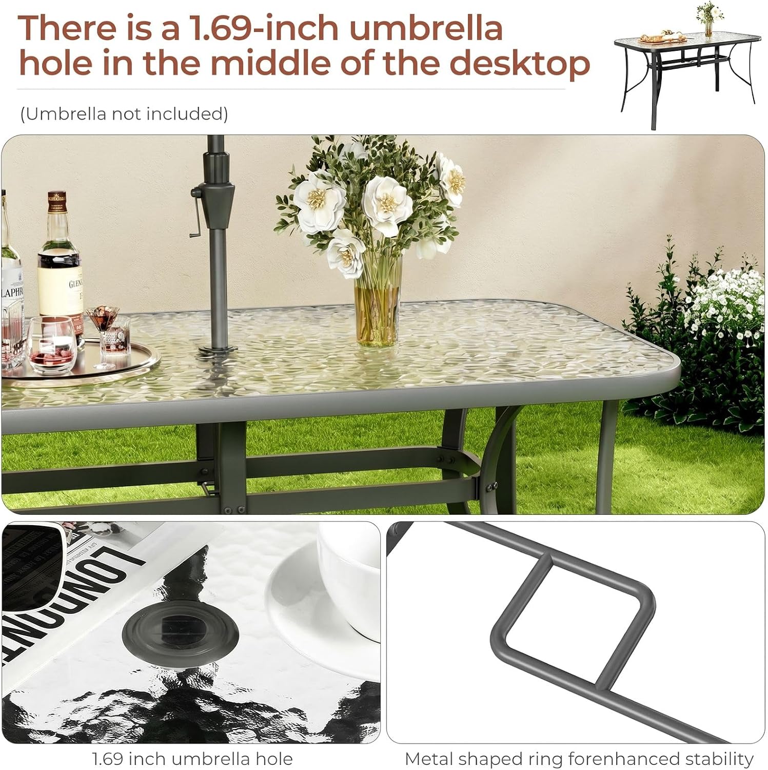 TLSUNNY Patio Outdoor Table W/ 1.69″ Umbrella Hole, 30'X 55' Rectangular Tempered Glass Patio Dining Table for 6, Outdoor Metal Furniture, All-Weather Use, for Patio, Graden, Backyard (Grey)