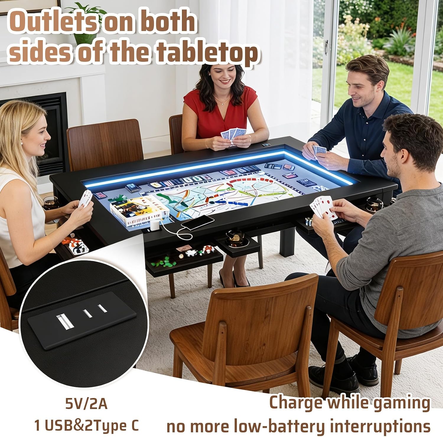 Haddockway Board Game Table with Adjustable Led Lights, 53.7in x 30.7in Play Area Removable Table Top Dining/Gaming Table with Charge Station, Play Mat, 6 Cup Holders & Trays (Black)