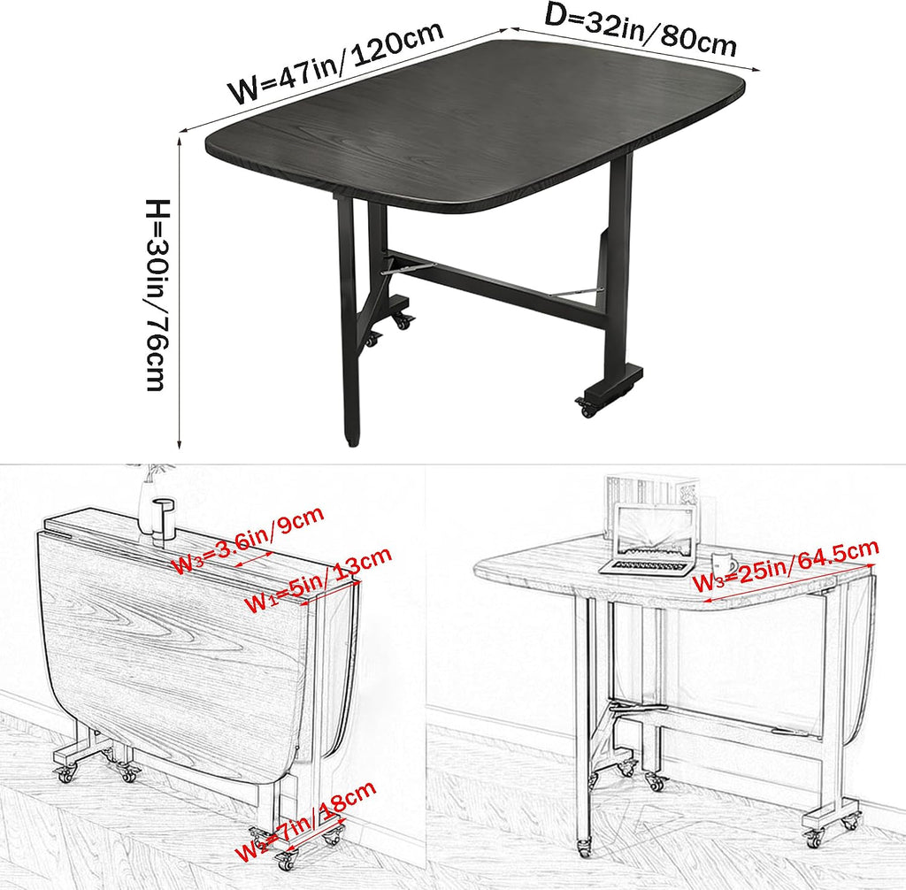Multifunction Table Drop Leaf Dining Table - 47' Wooden Foldable Kitchen Table with 6 Wheels (Black)