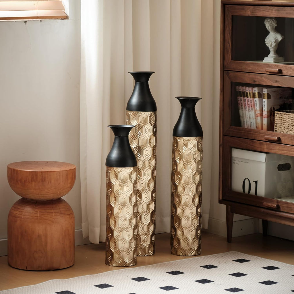 Tall Floor Vases Set of 3, Black and Gold Floral Pattern Metal Standing Vases for Living Room Decor, Decorative Floor Vase for Flowers, Modern Home Decor