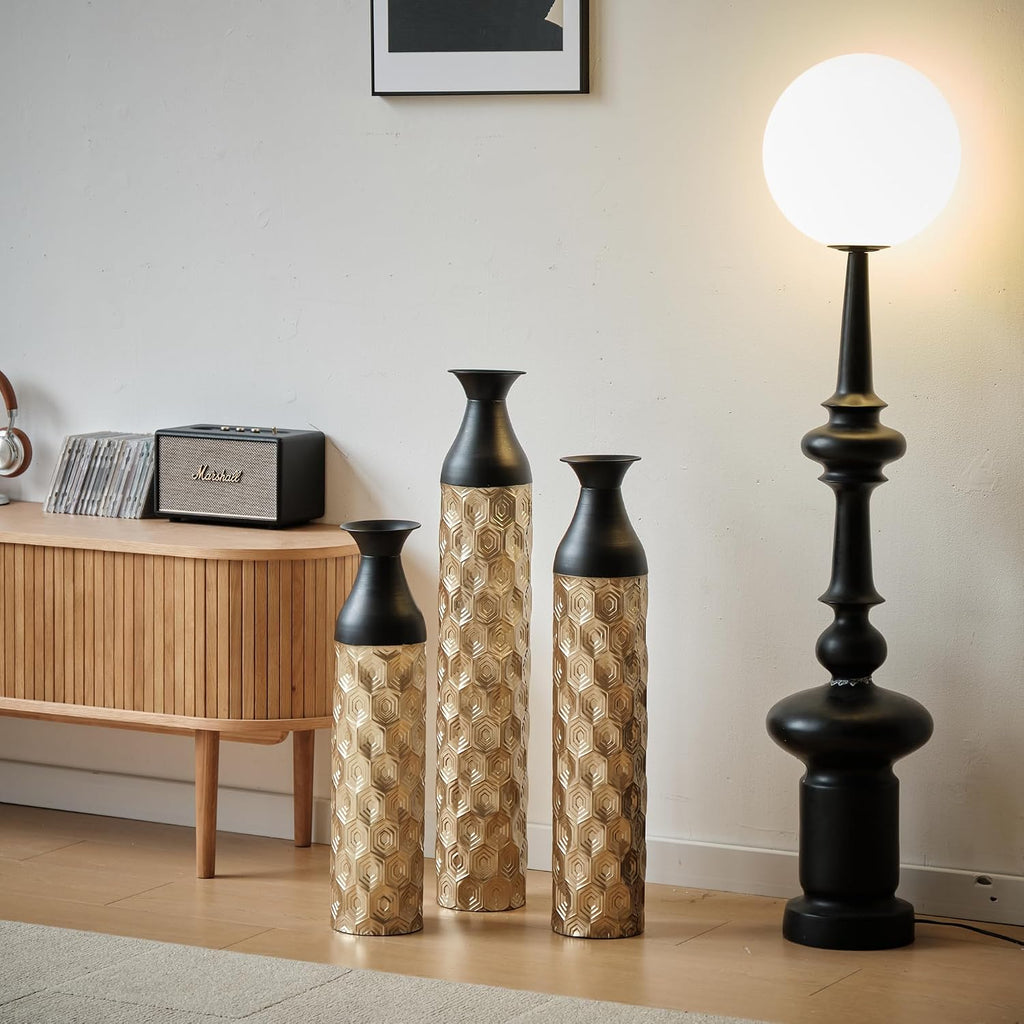 Floor Metal Decorated Vases Set of 3 for Gorgeous Home Decoration Large Glazed Metal Vases (Black+Gold)