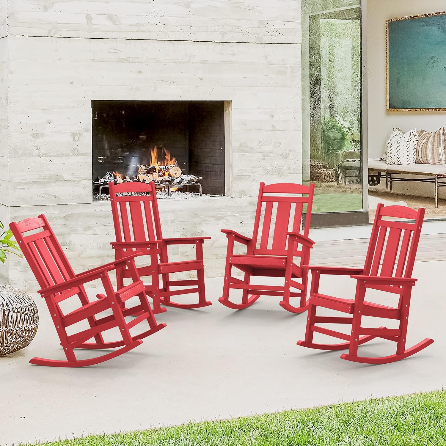 LUE BONA Rocking Chair Outdoor, Weather Resistant Poly Plastic Rocker Chairs, 350lb Heavy Duty, Oversized Porch Rocker for Adult, High Back Smooth Rocking Chairs for Outdoor & Indoor, Bright Red