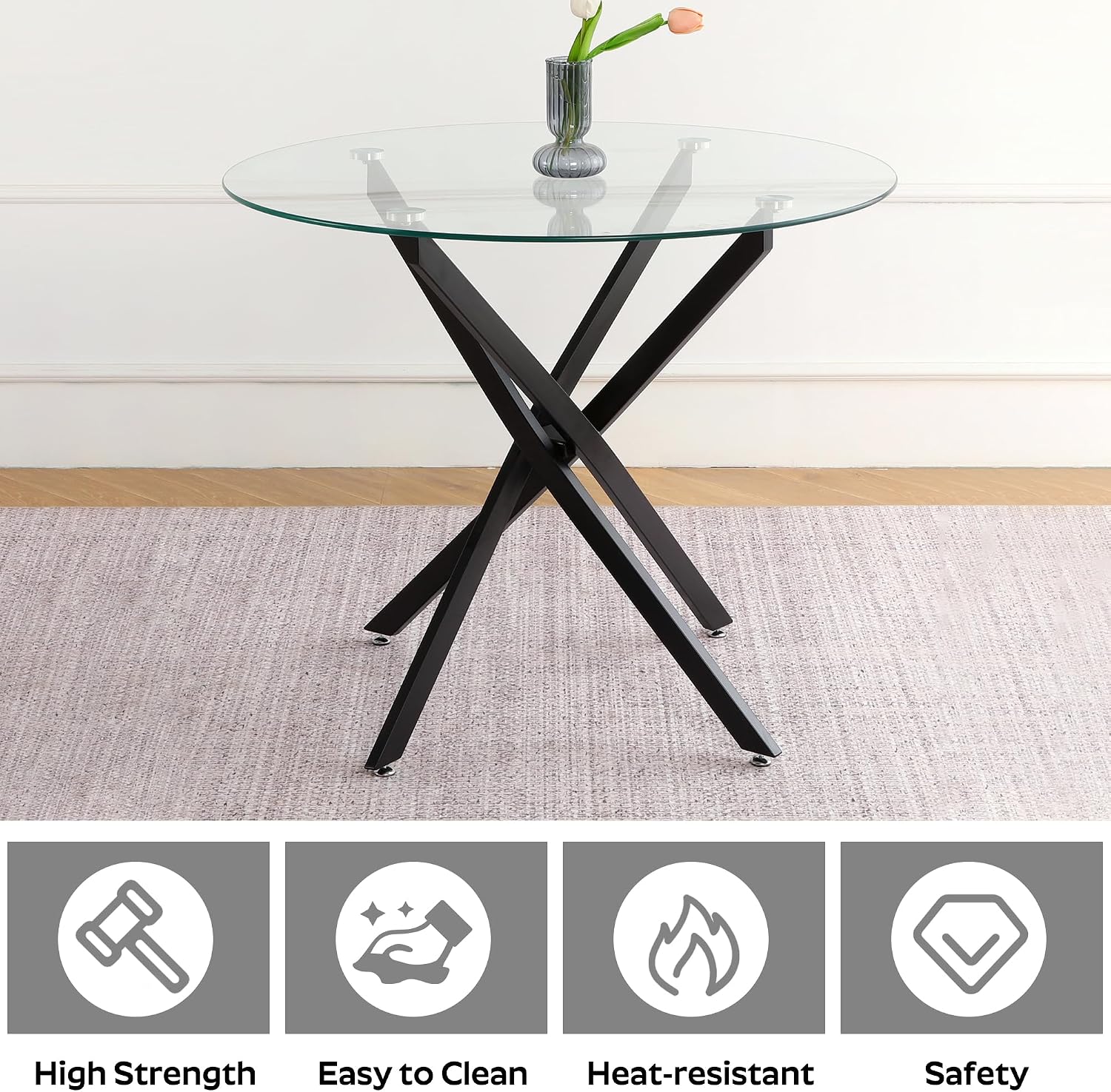 Small Dining Table Set for 4, 36' Round Kitchen Table with 4 Teddy Boucle Dining Chairs, Tempered Glass Top with Metal Legs(All Black)