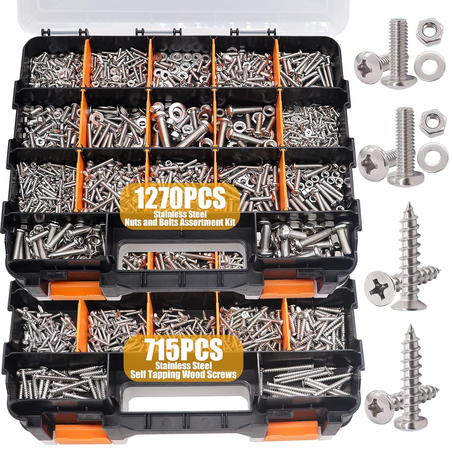 weideer 2002PCS Nuts and Bolts Assortment Kit,Stainless Steel Hardware Assortment Kit, Metric & SAE Phillips Pan Head and Flat Head Wood Screws with Nuts Washers Double Sided Organizer Box