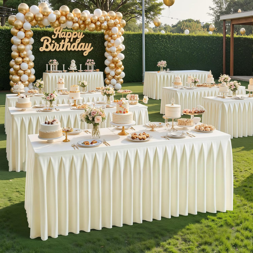 gogoparti Table Skirts for Rectangle Tables 6ft, 8 Pack Ivory Table Covers for 6 Foot Tables Wrinkle Free Stretch Table Cloths with Pleated Skirt Fabric for Banquet, Party, Wedding