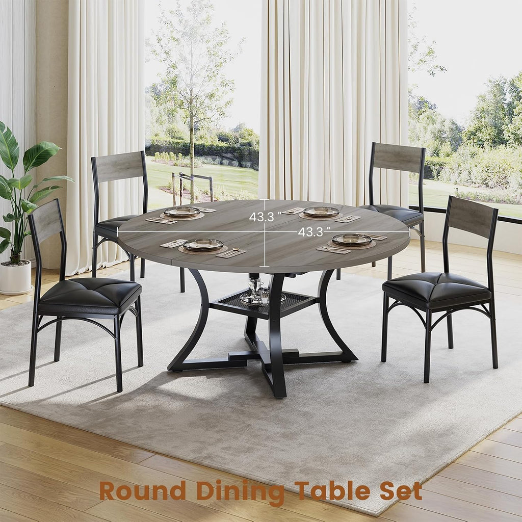 Itaar Round Extendable Dining Table Set for 4-6 People, 5-Piece Kitchen Table Set with 4 Cushion Chairs, Dining Room Table for 6 with MDF Board & Metal Frame for Small Space, Easy Clean, Grey