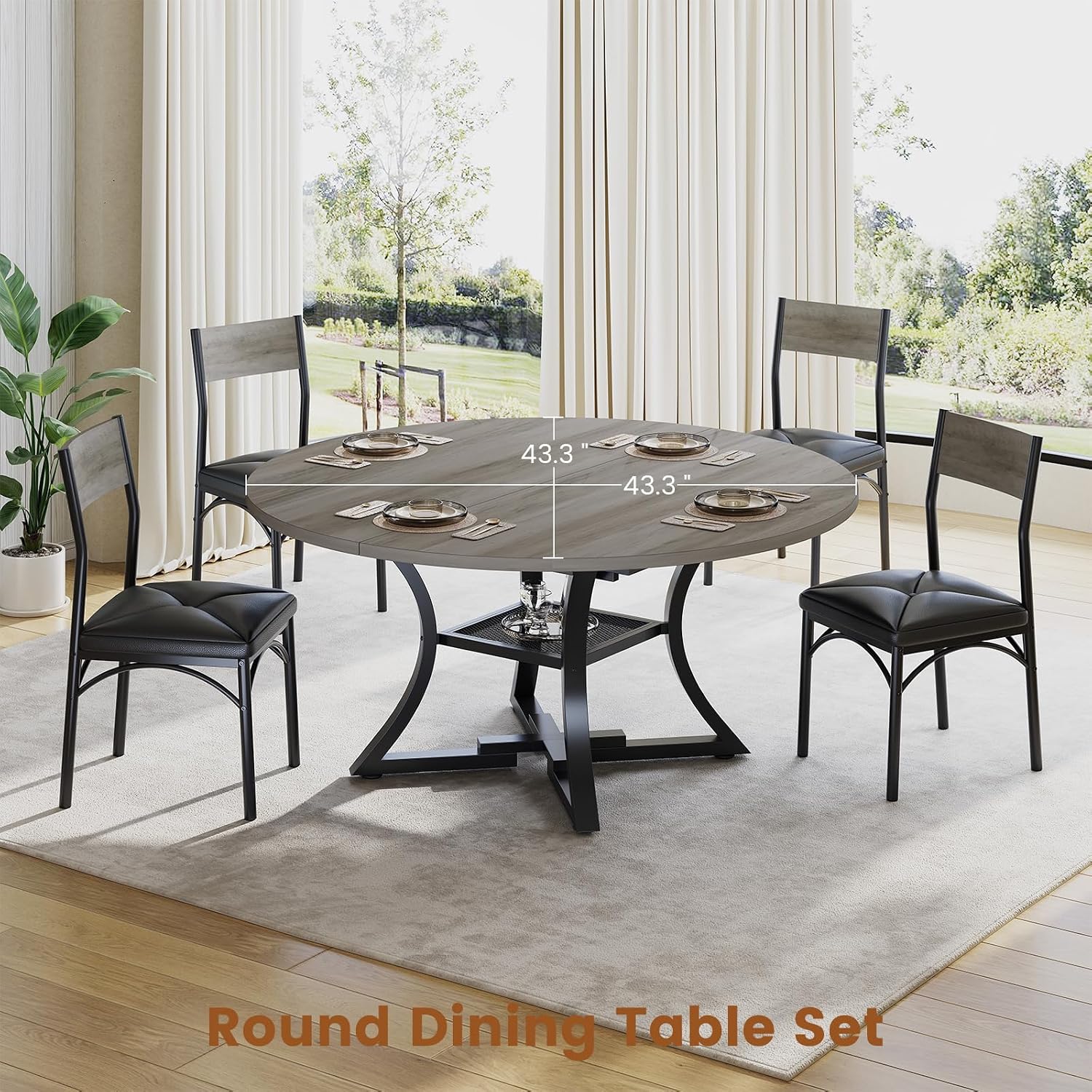 Itaar Round Extendable Dining Table Set for 4-6 People, 5-Piece Kitchen Table Set with 4 Cushion Chairs, Dining Room Table for 6 with MDF Board & Metal Frame for Small Space, Easy Clean, Grey