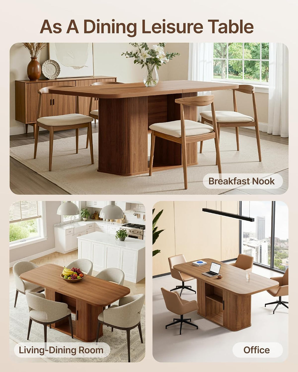 SUNCOZE Mid-Centur Dinner Tables for 4/6/8, 70.9' Rectangle Dining Room Table with Large Tabletop and Sliding Tambour Doors, Fluted Dining Table 2-Layer Storage for Kitchen and Living Room, Walnut