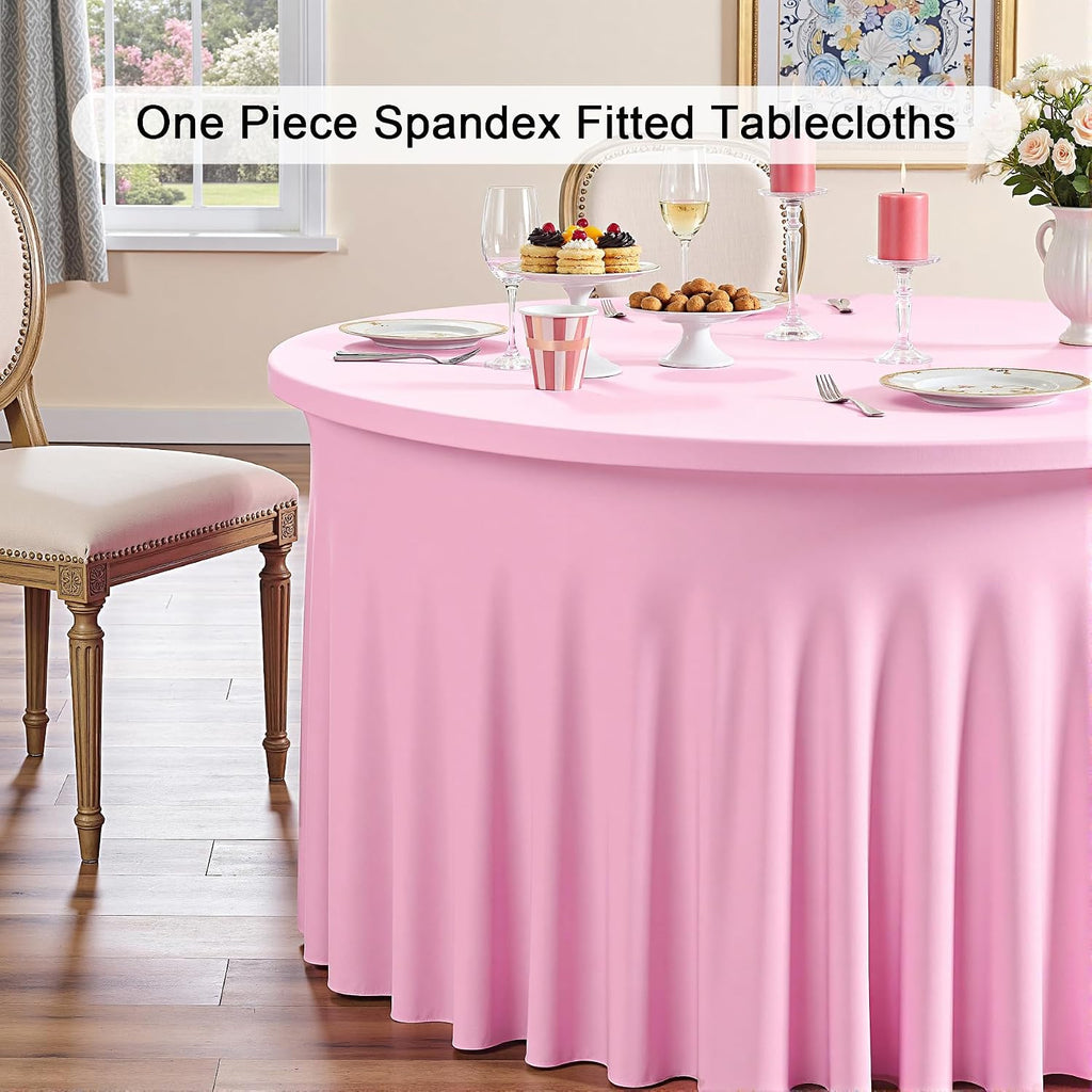 Outpain 8 Pack Pink 72inch Spandex Round Tablecloths, Stretchy 132inch Fitted 6FT Round Table Cloths, Wrinkle Free Table Cover with Skirt for Wedding Party Dining Banquet