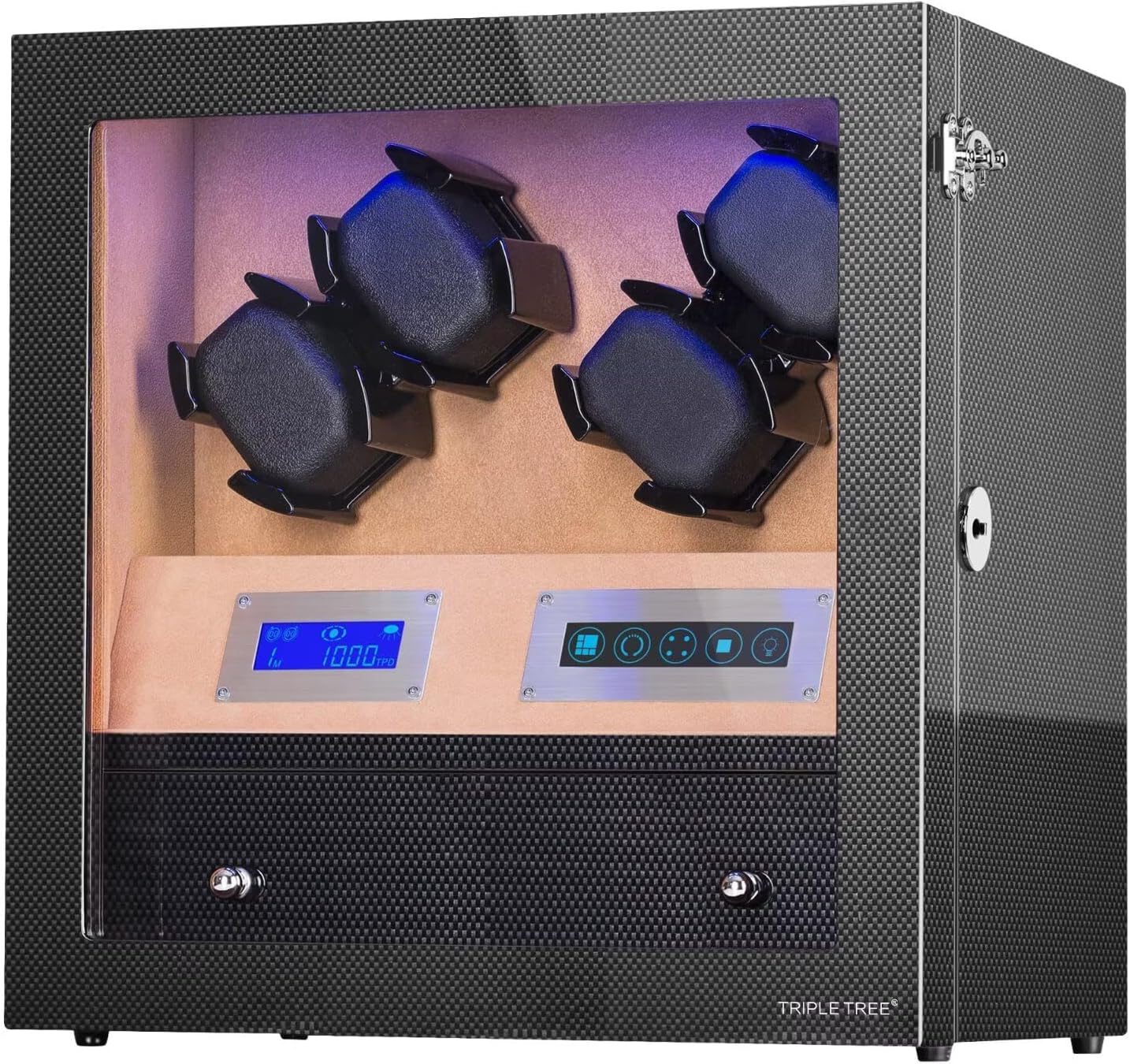 Automatic Watch Winder with Storage Drawer, Watch Winder Box with Super Quiet Japanese Motors, Built-in Blue LED Illuminated and 4 Flexible Pillows, Carbon Fiber