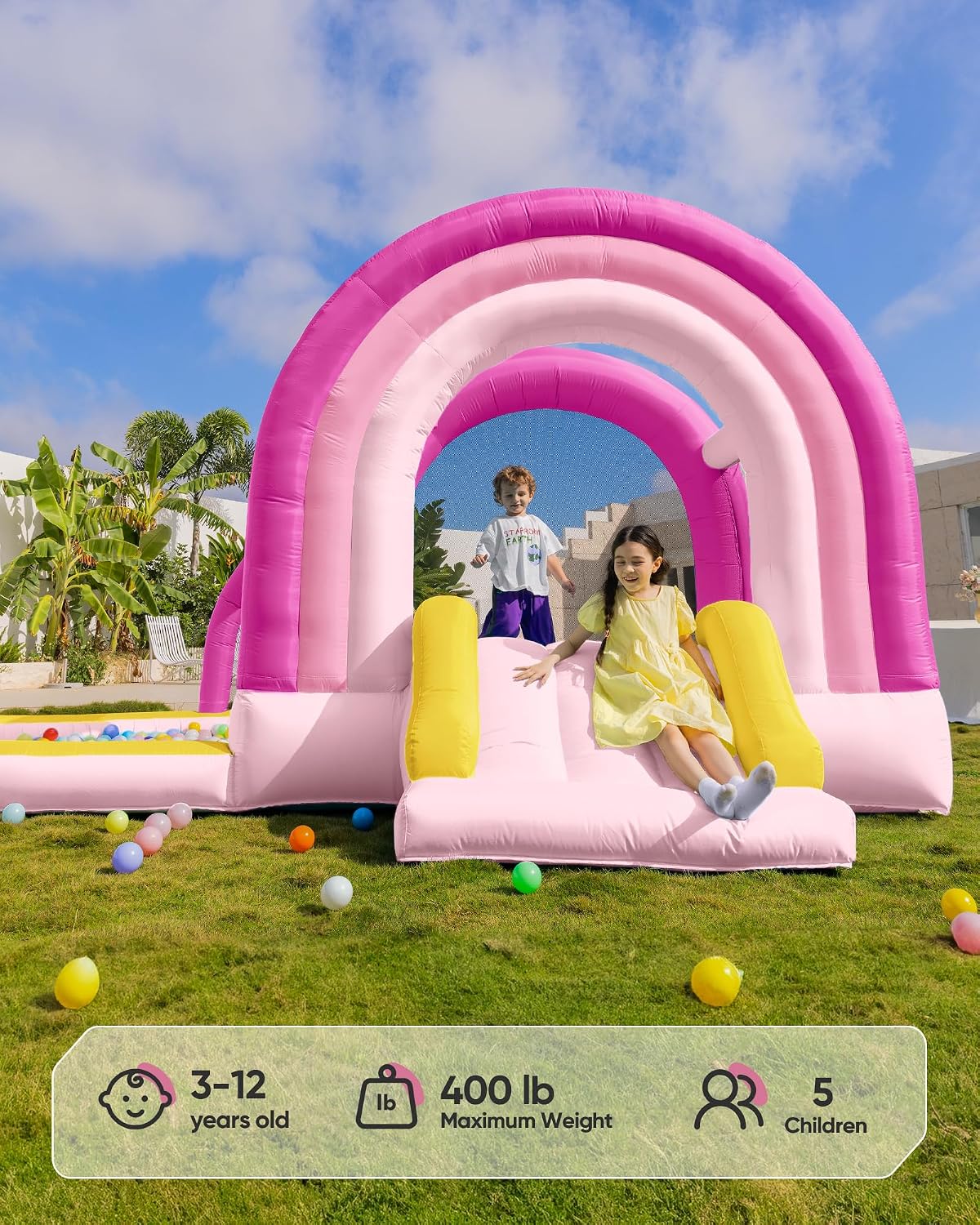 Outfunny Bounce House with Slide, Inflatable Bouncy House for Kids 3-12 w/Ball Pit, Outdoor & Indoor, Bounce Area 8'x8', Capacity 400 lb - Pink