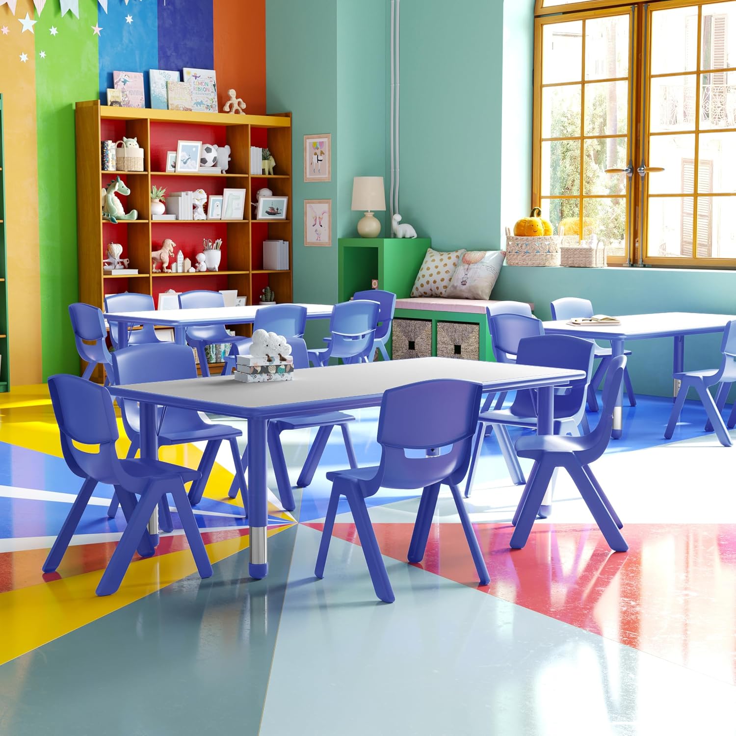 EMMA + OLIVER 23.625' W x 47.25' L Blue Plastic Activity Table Set-6 Chairs