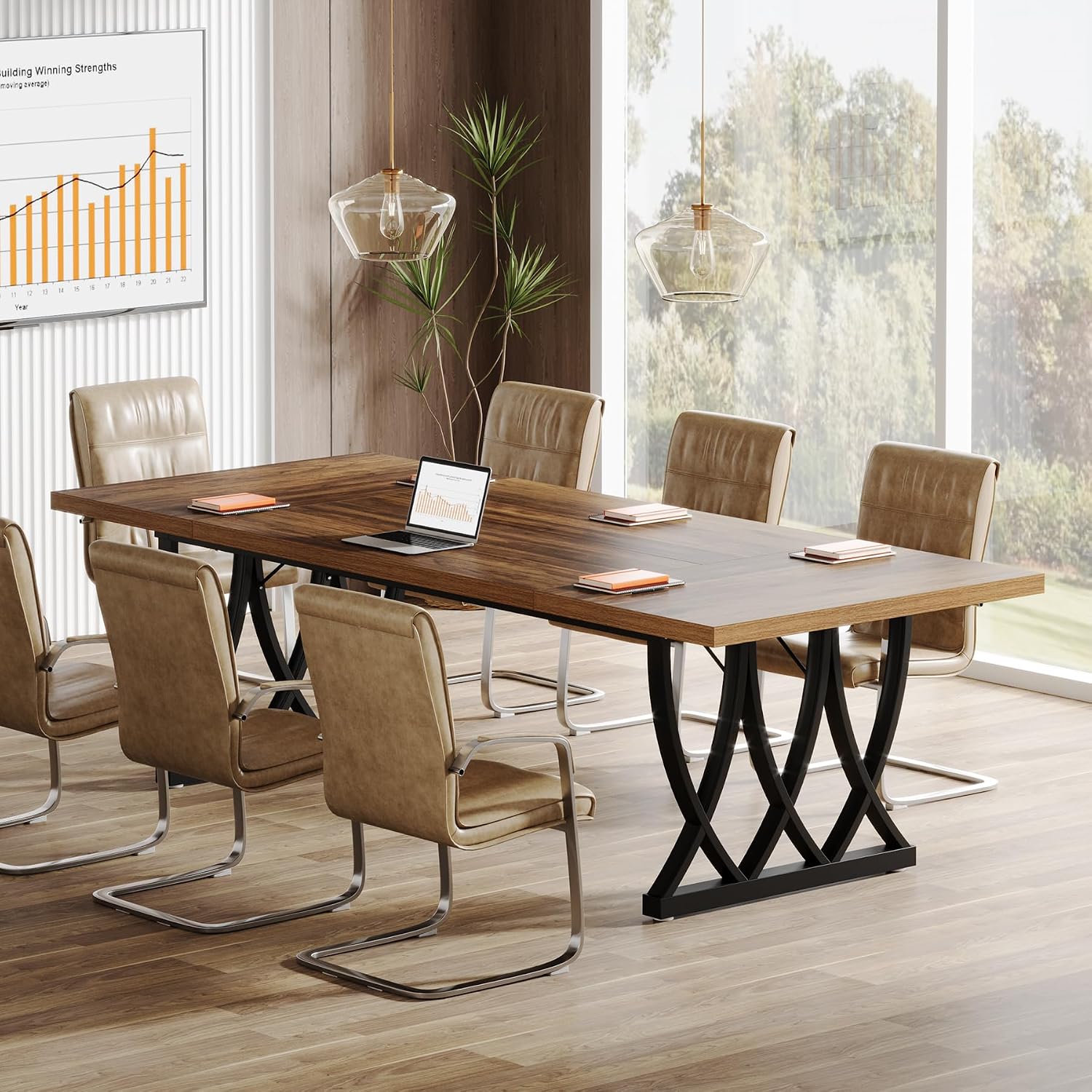 Tribesigns 6 ft Conference Table for 6-8 People, 70.86-Inch Rectangle Meeting Seminar Table with Unique Curved Metal Support for Home Office, (Without Chair, Retro Brown & Black) (2)