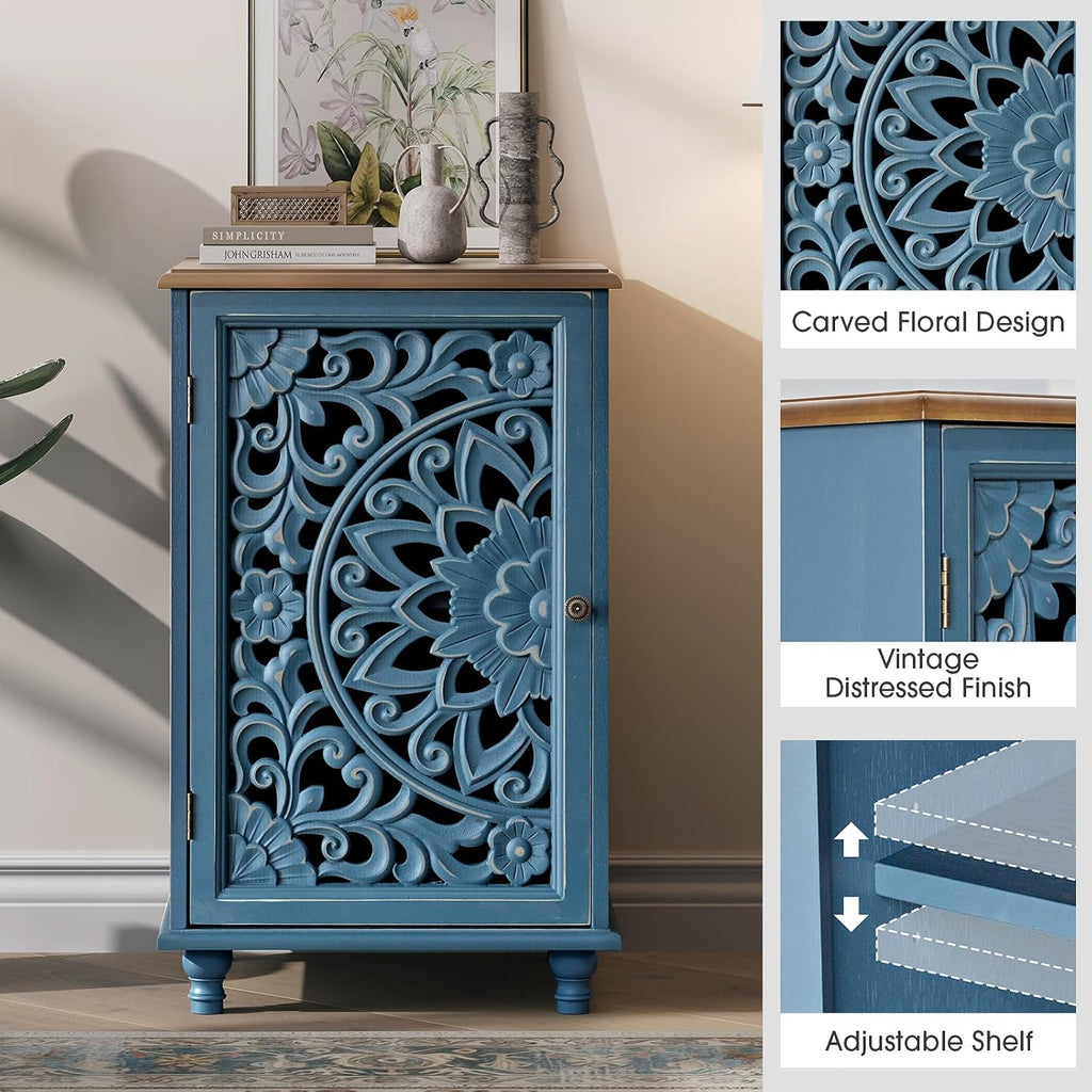 JOINICE Small Accent Cabinet with Carved Mandala Door,Storage Cabinet with Solid Wood Legs & Adjustable Shelf,Boho Distressed End Table for Living Room,Bedroom, Entryway Side Table(Blue & Walnut)