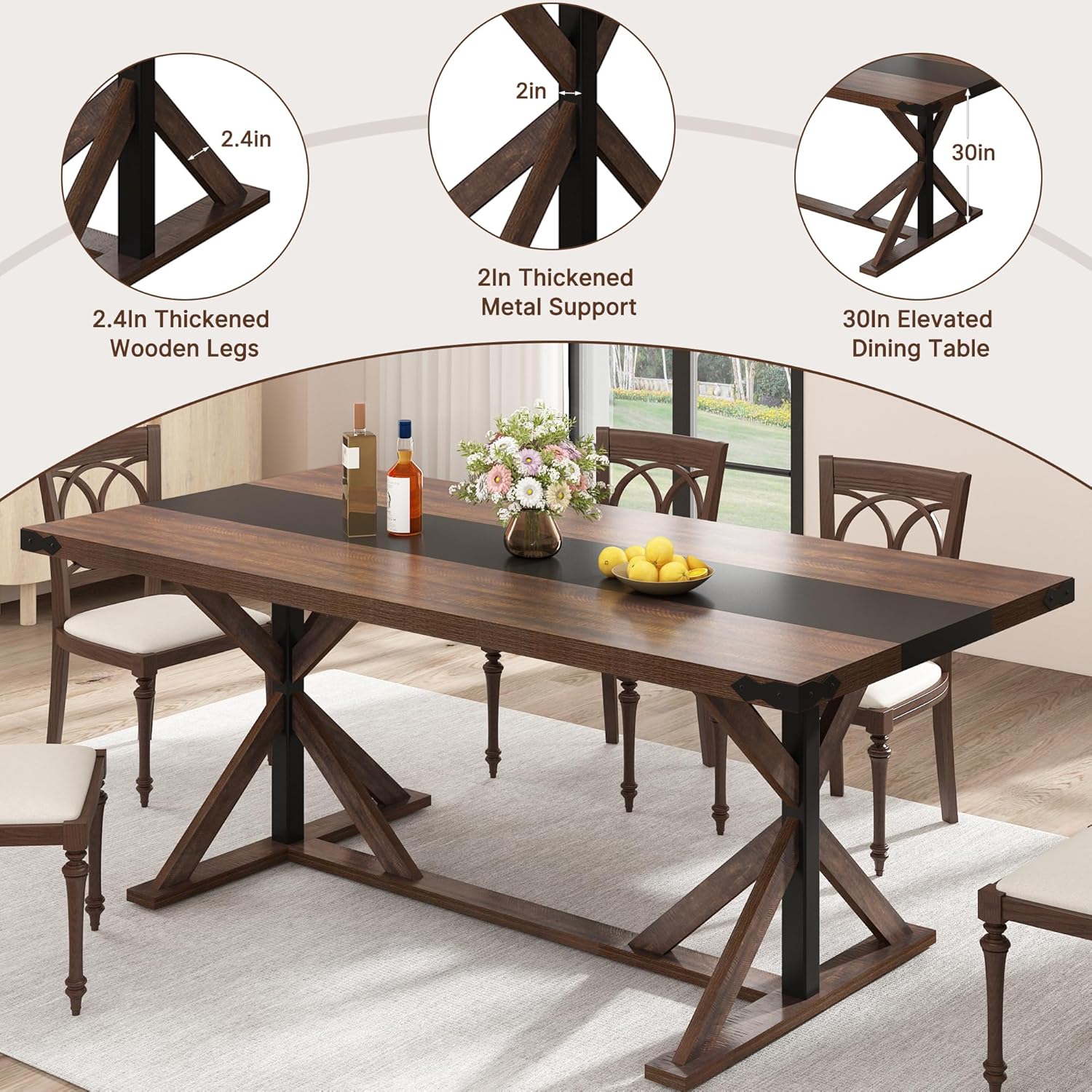 Hlivelood 71 Inch Dining Table for 6 People, Rectangular Kitchen Farmhouse Table W/Thickness Waterproof Wood Tabletop,Long Dining Room Tables W/Wood Strip Base for Kitchen Living Room(BR)