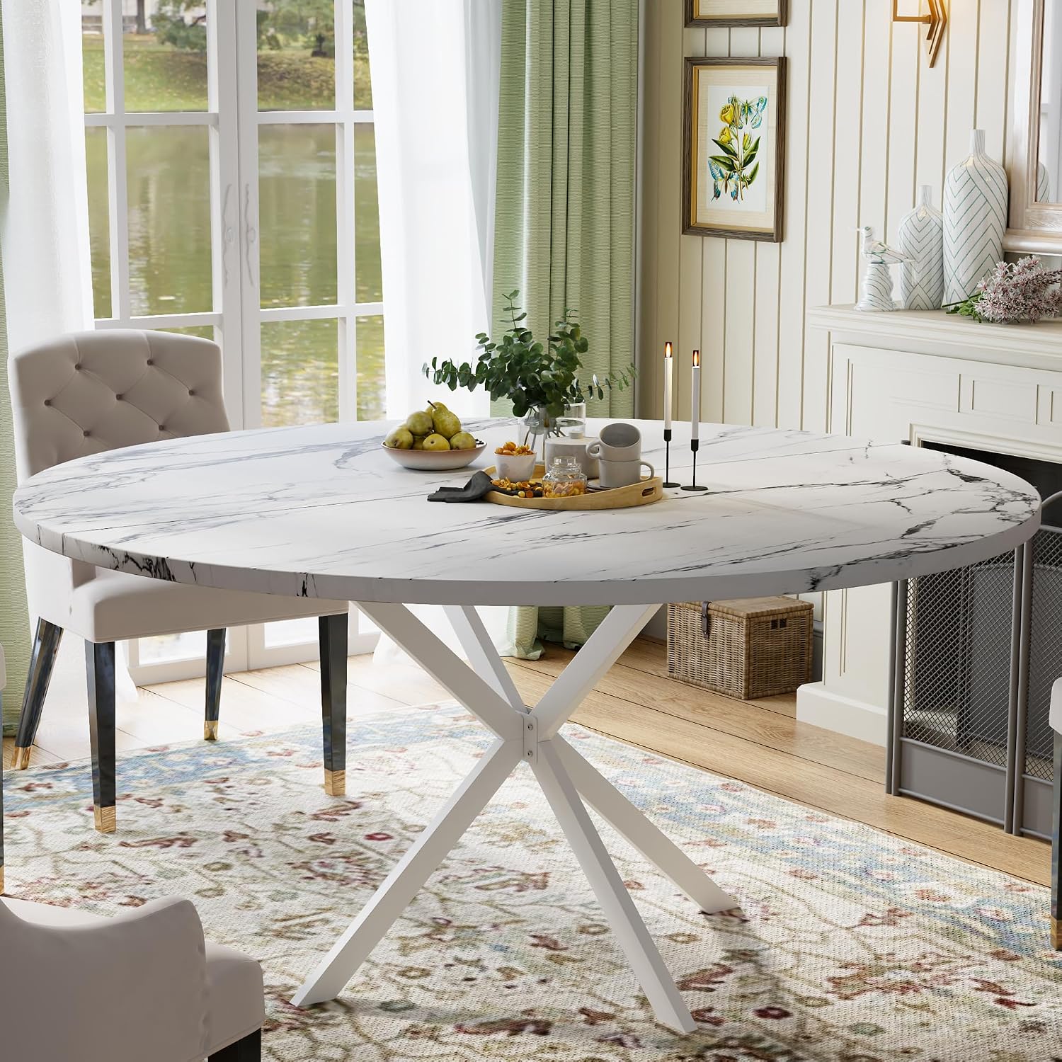 47.24' Round Dining Table for 4-6 Person, Round Kitchen Table with Wood Top, Circle Dinner Pedestal Tables with Metal Legs for Dining Room Kitchen (White Marble)