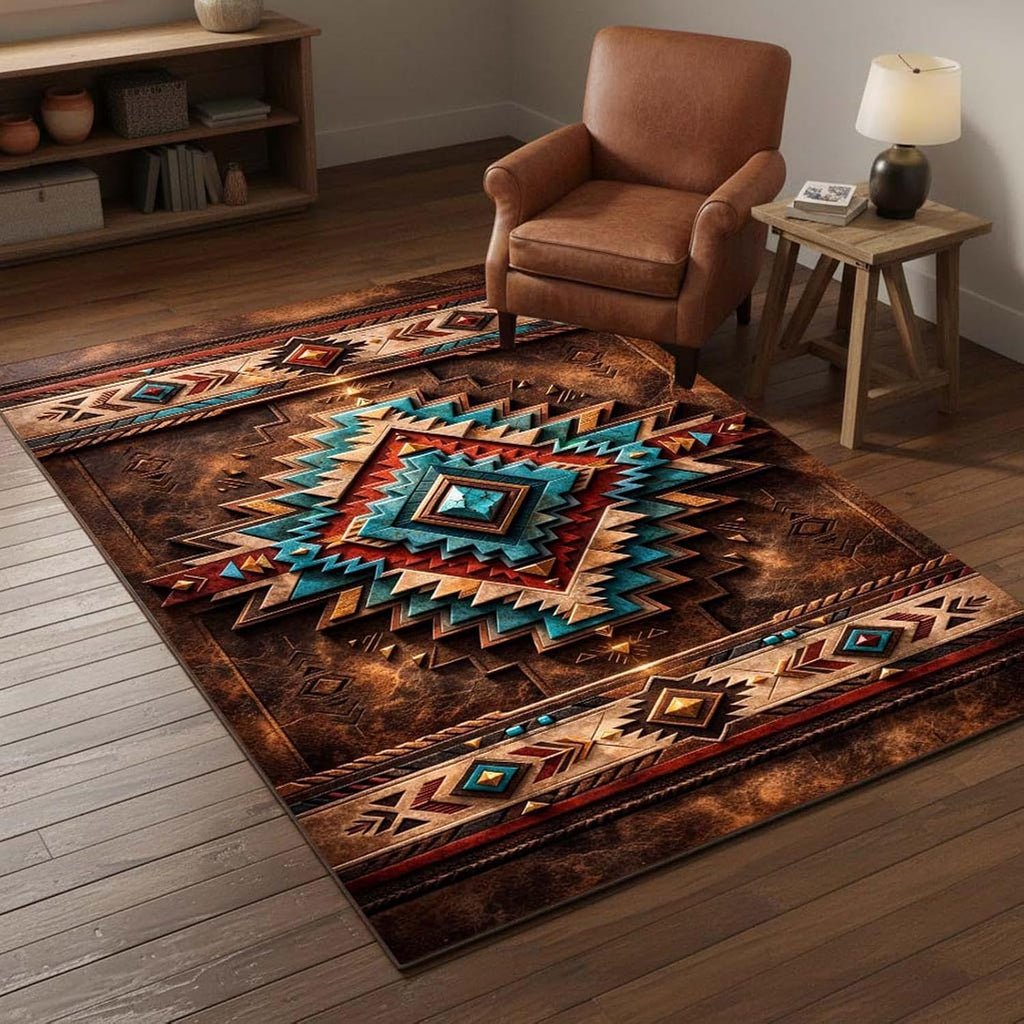 Southwestern Aztec Area Rug 5'x8' Brown Turquoise Rustic Western Ranch Carpet, 3D Tribal Design, Non Slip Washable Low Pile Rug for Living Room Bedroom