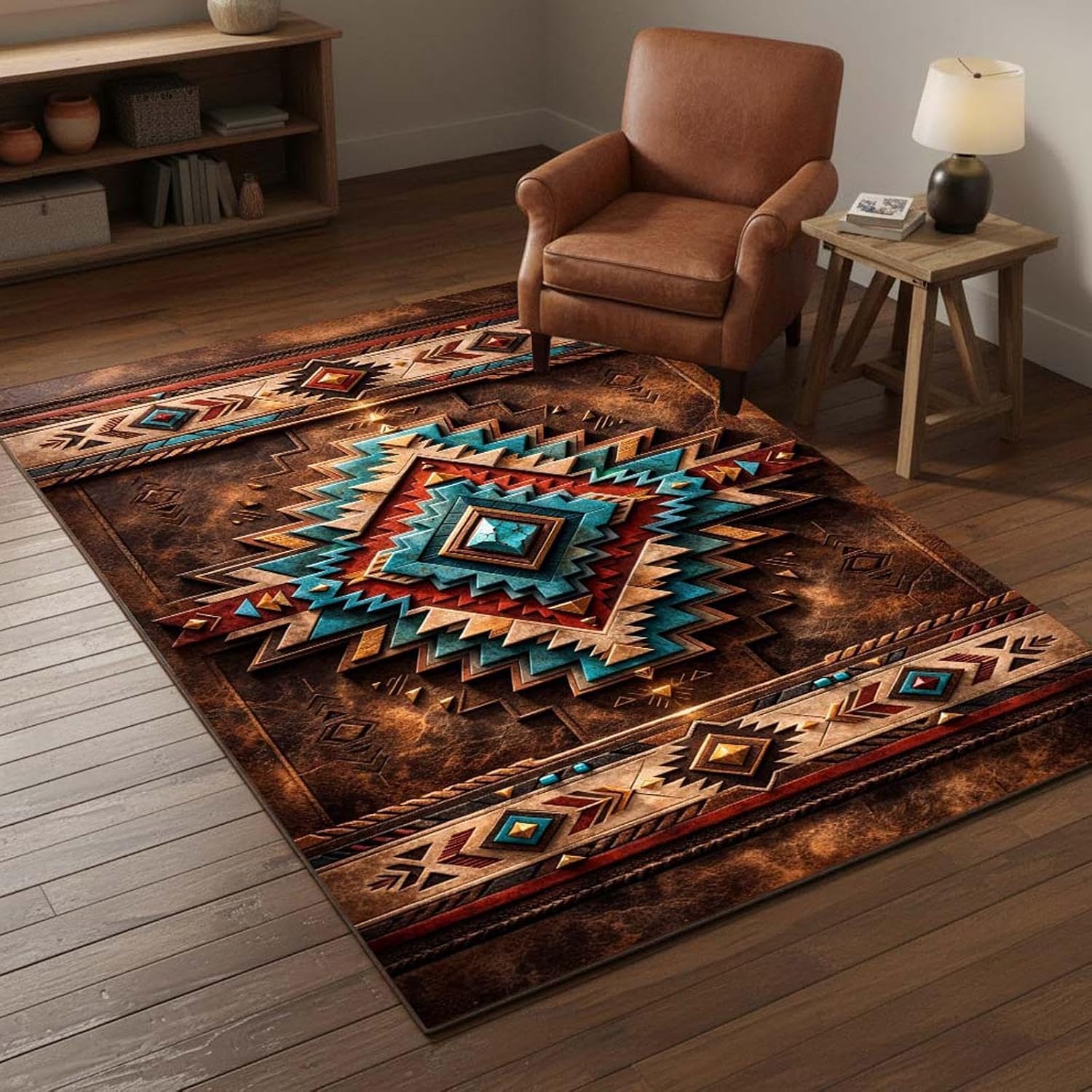 Southwestern Aztec Area Rug 5'x8' Brown Turquoise Rustic Western Ranch Carpet, 3D Tribal Design, Non Slip Washable Low Pile Rug for Living Room Bedroom