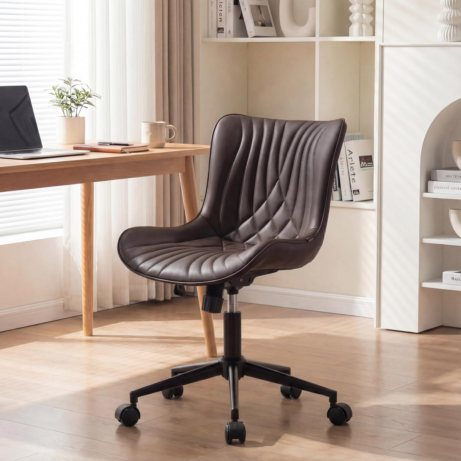YOUNIKE Office Chair Brown, Armless Desk Chair with Wheels, Home Office Task Chairs, Modern Faux Leather Upholstered Adjustable Swivel Rocking Chair with Back