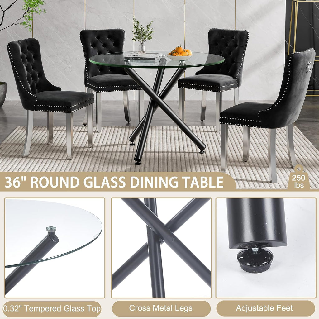 36' Round Dining Table for 4, Modern Clear Glass Kitchen Table for 4 with Black Cross Metal Legs, Contemporary Small Circle Dining Room Leisure Tables for Kitchen Apartment