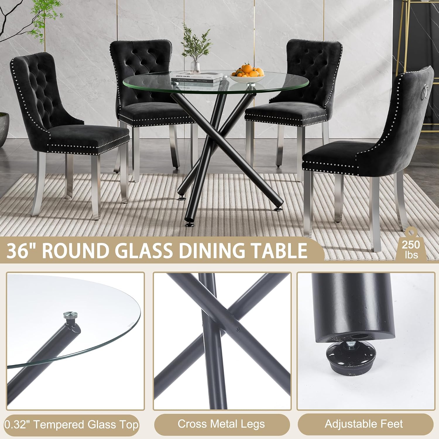 36' Round Dining Table for 4, Modern Clear Glass Kitchen Table for 4 with Black Cross Metal Legs, Contemporary Small Circle Dining Room Leisure Tables for Kitchen Apartment