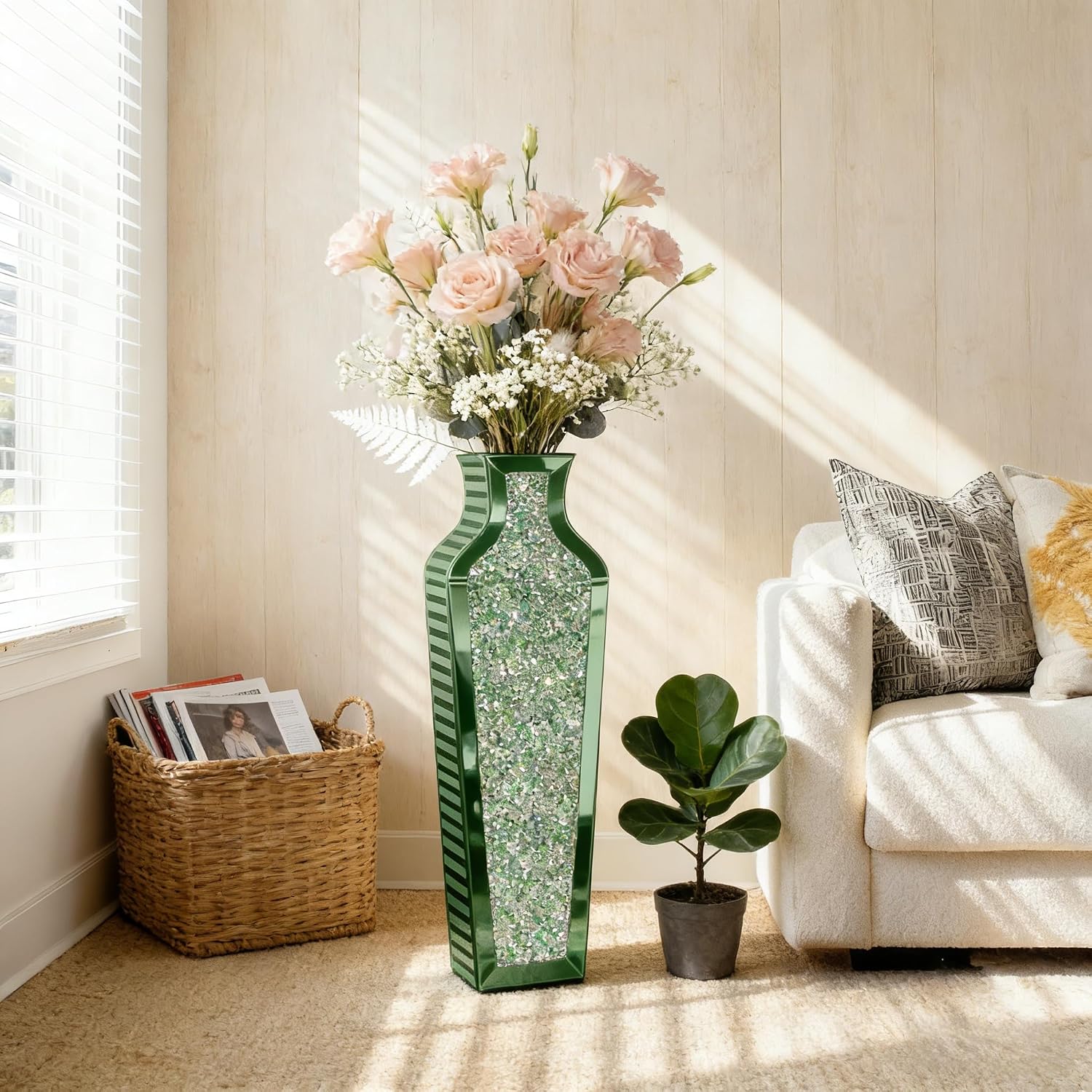 SHYFOY Green Crushed Diamond Floor Vase, Large Mirrored Tall Vases for Floor, Modern Glass Decorative Vases for Living Room Bedroom Home Corner Indoor Office, 26.8' Tall