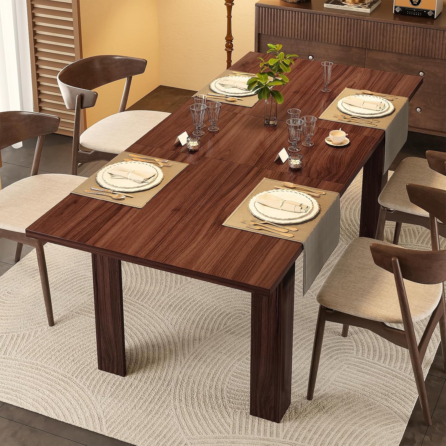 Miereirl 59'–77' Extendable Farmhouse Dining Table for 6–8, Space-Saving Rectangular Kitchen Table with Easy Pull-Out Extension for Family Meals, Work & Everyday Use (Walnut)