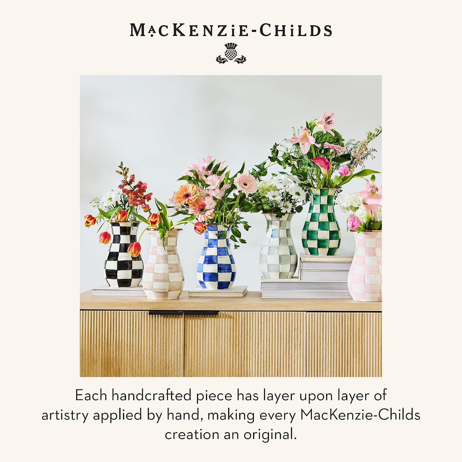 MACKENZIE-CHILDS Tall Enamel Checkered Vase, Unique Flower Vase, Brown-and-White Mocha Check, Steel, 6' L x 6' W x 12' H