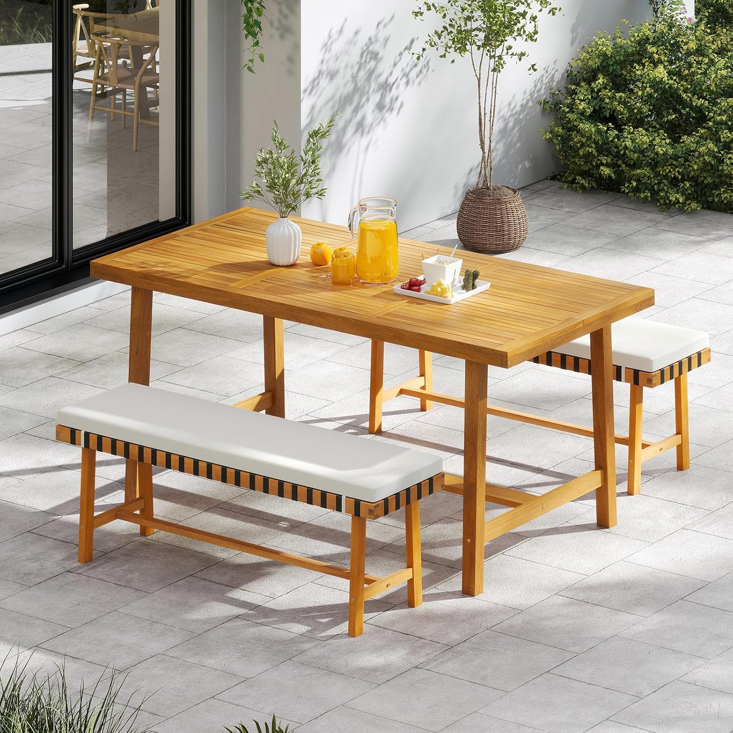 HAPPYGRILL Outdoor Acacia Wood Dining Table 63', Patio Wooden Table for 6, with Slatted Tabletop, 1.97' Umbrella Hole & Cover, for Backyard, Deck, Porch