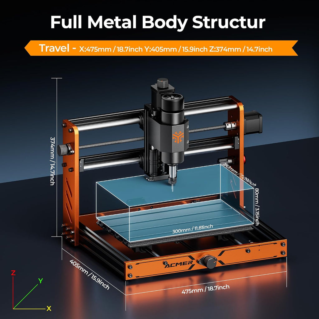 CNC Router Machine, ACMER Ascarva 3 S 500W CNC Milling Machine, Working Area 11.81' x 7.09' x 3.07' for Wood Plastic Metal Acrylic MDF Nylon Carving Cutting