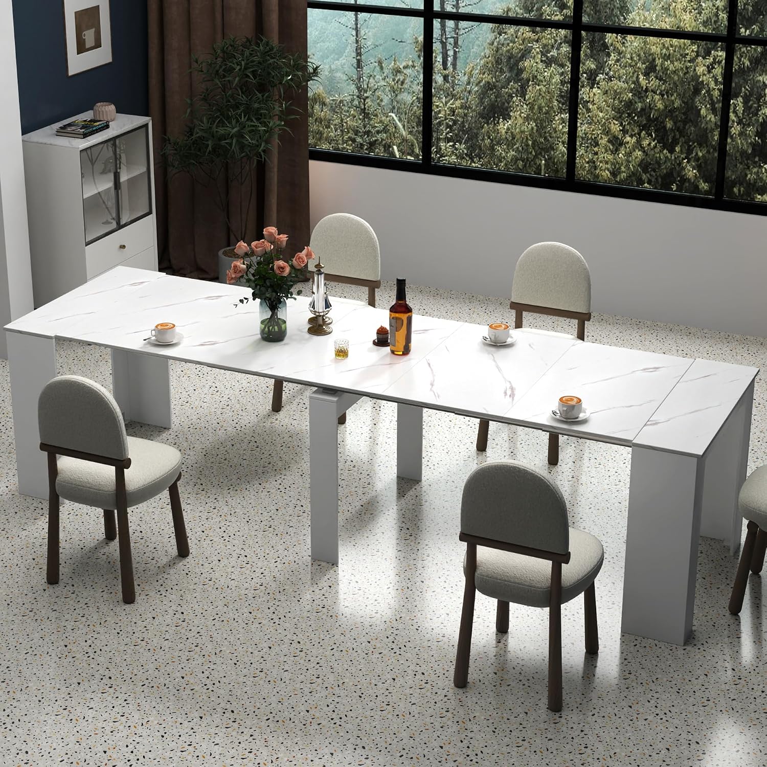 Expandable Dining Table, Transformer Console to Dining Table for 12 People, Folding Space Saving Dining Room Table with Elegant Faux Marble Top, Marble White