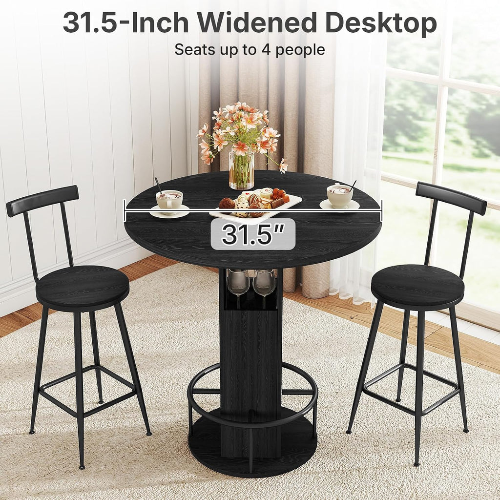 Kiivakii 31.5' 3 Pieces Round Bar Table Set, Pub Table and Chairs for 2, Kitchen Bar Table with 2 Stools & Built-in Storage, Small Dining Table Set for Dining Room, Bistro & Small Space, Black
